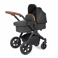 Ickle Bubba Stomp Luxe All in One i-Size Travel System with ISOFIX Base (Frame: Black, Fabric Colour: Charcoal Grey, Handle Bars: Tan)
